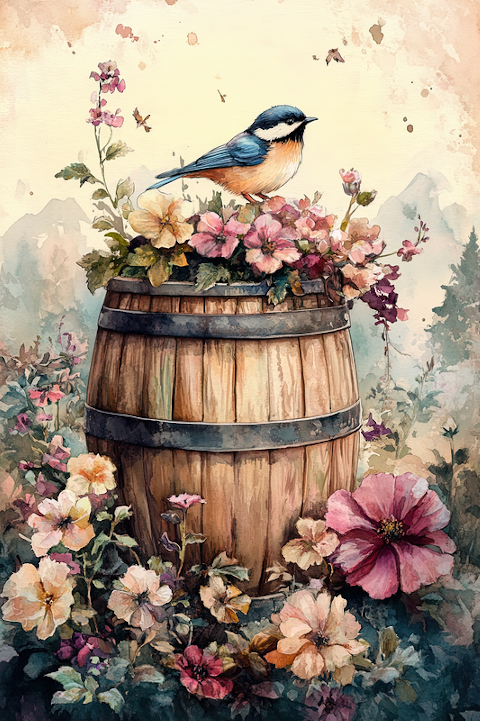 korsstygn, fågel på tunna, blommor