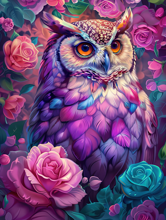 Korsstygn - Uggla och rosor 40x50cm