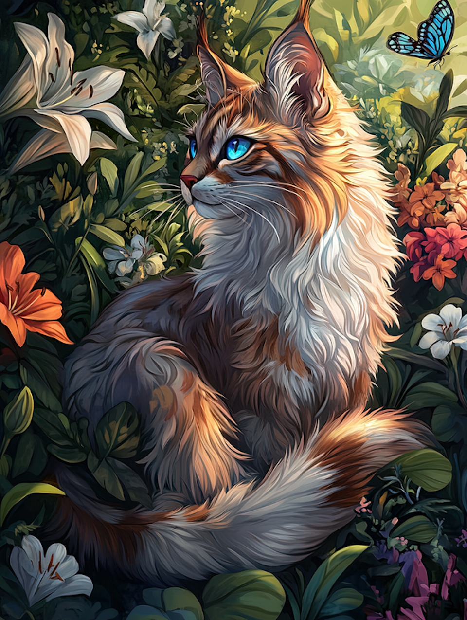 korsstygn, lurvig katt bland blommor