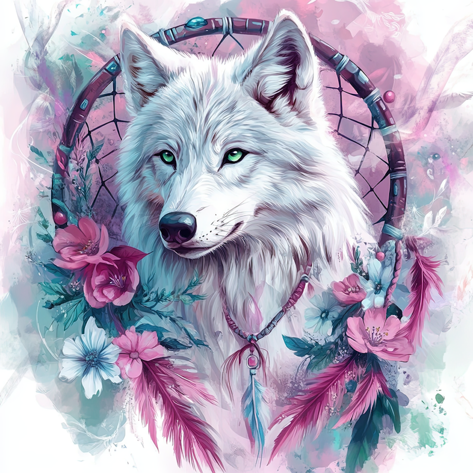 korsstygn, varg i drömfångare, blommor och fjädrar