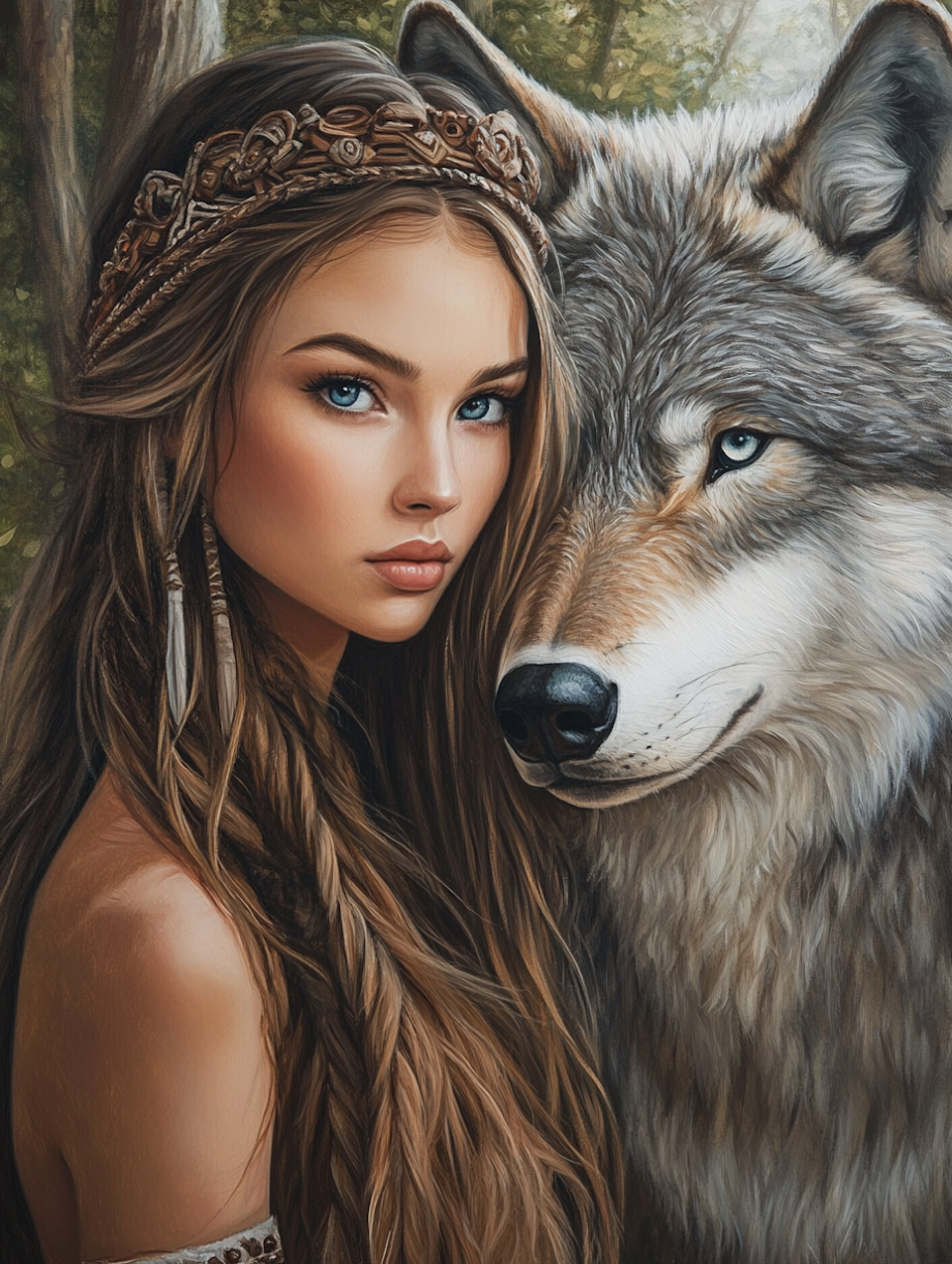 diamond painting, kvinna med varg
