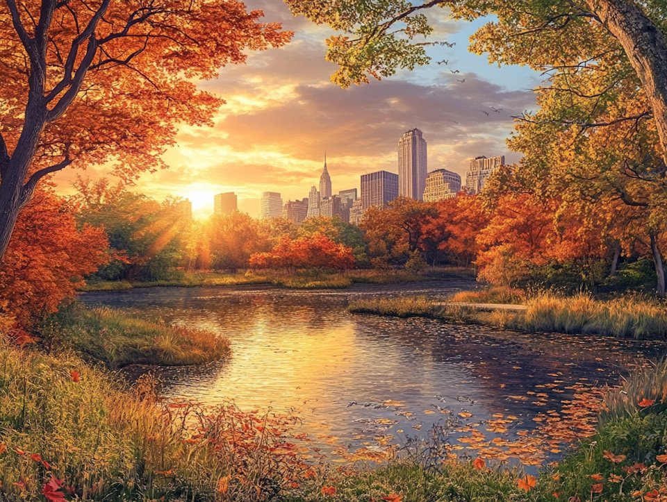 diamond painting, höstsol, skyline, vatten, höstfärger