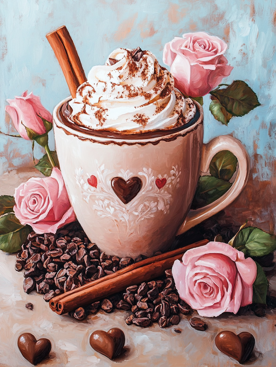 diamond painting, kaffekopp med kanel och rosa rosor