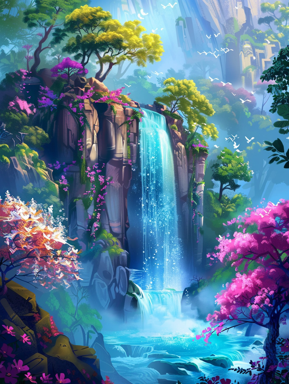 diamond painting, vattenfall med träd och blommor