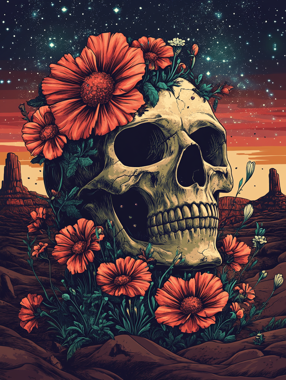 diamond painting, döskalle dekorerad med blommor, ökenlandskap