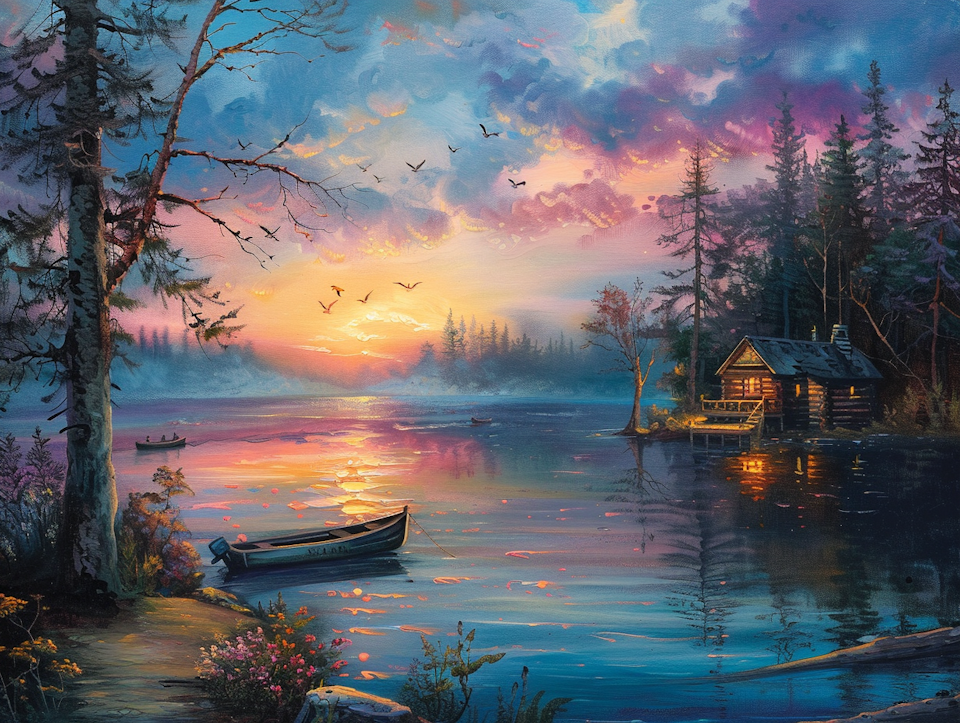 diamond painting, kvällsbild vid vattnet, upplyst stuga, båt