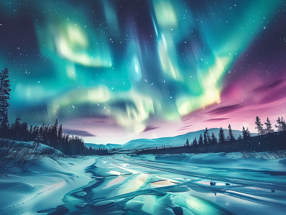 diamond painting, norrsken över vinterland