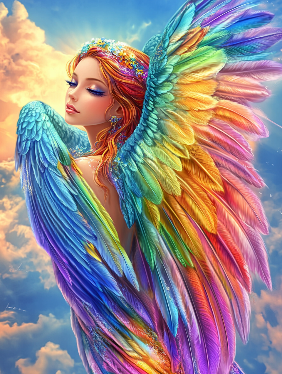 diamond painting resin, ängel med vingar i regnbågens färger