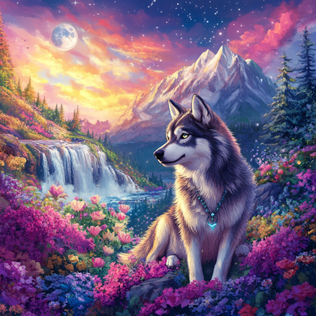 Diamond Painting Akryl - Varg i blomstrande fjällvärld 20x20cm