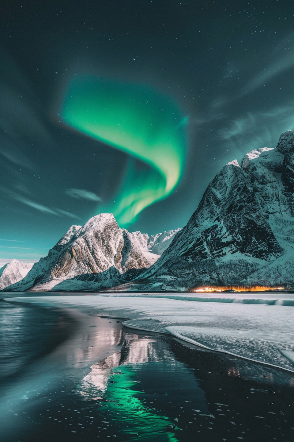 diamanttavla, norrsken som sveper över snötäckta fjäll