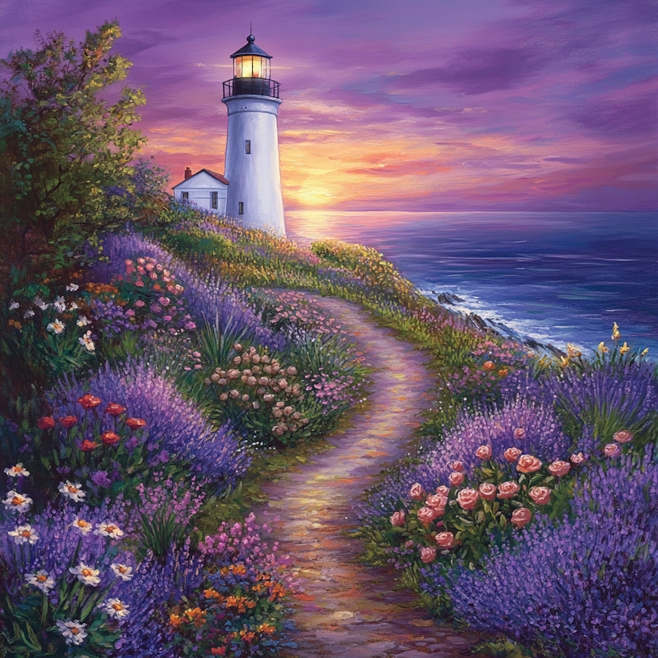 diamond painting, stig med lavendel, rosor och sommarblommor, fyr vid solnedgången