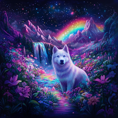 Diamond Painting Akryl - Vit varg i regnbågsvärld 30x30cm