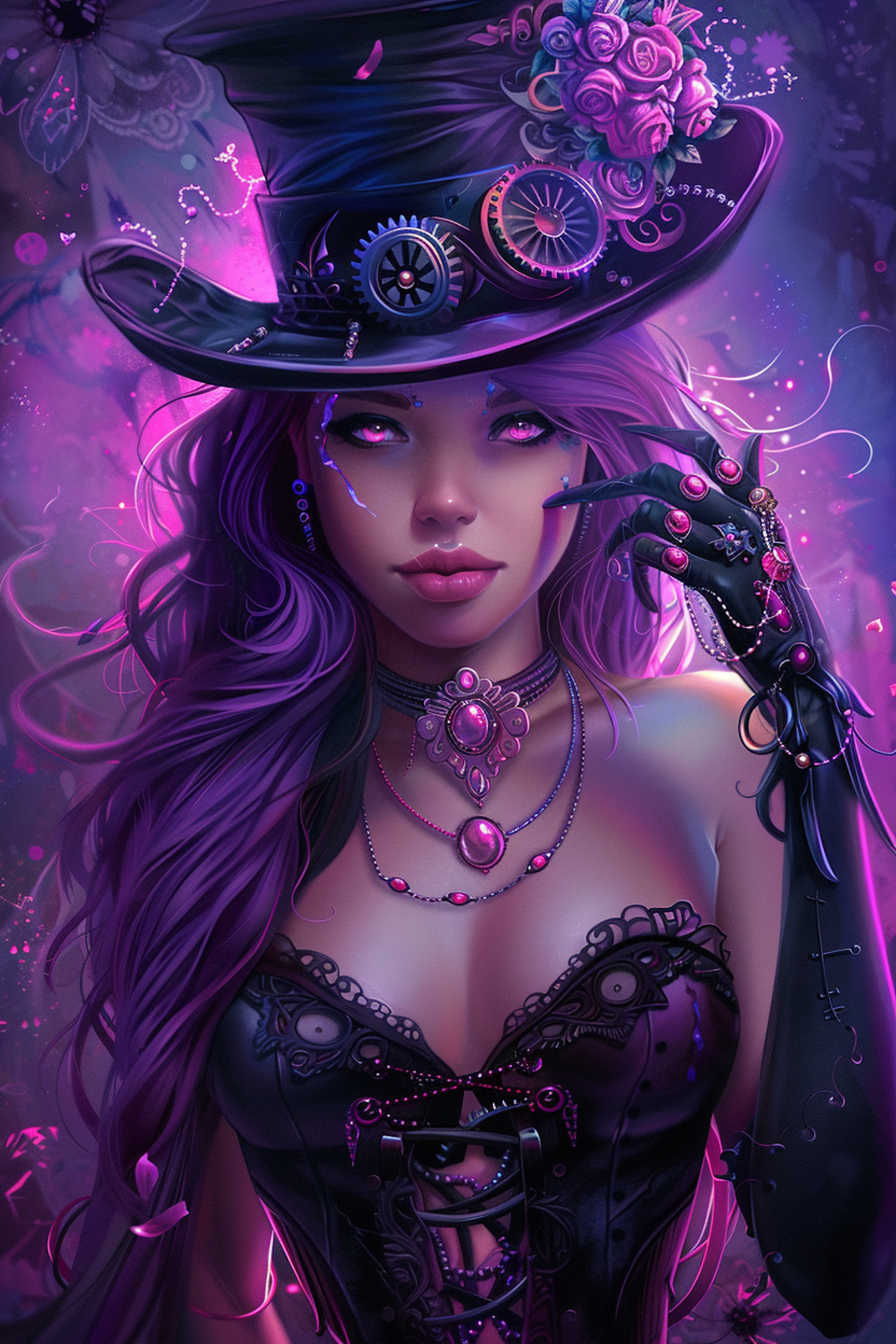 diamond painting, kvinna i steampunk-stil med lila hår, hatt med kugghjul, rosor och smycken