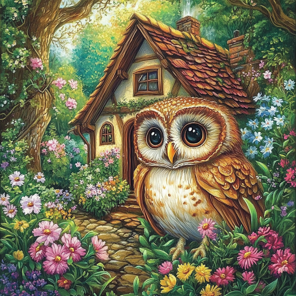diamond painting, uggla vid en pittoresk stuga, blommor och träd