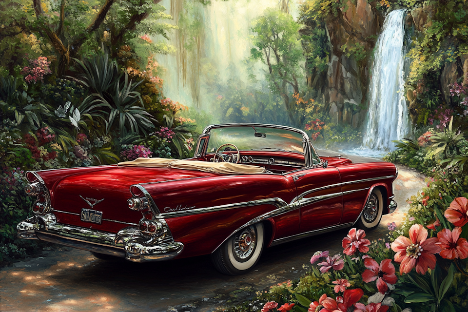 diamond painting, klassisk röd cabriolet i blomstrande paradisskog
