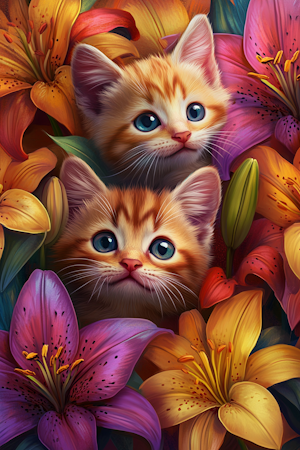 Diamond painting Resin - Kattungar bland liljor 40x60cm