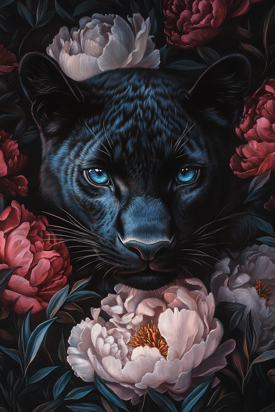 diamond painting resin, svart panter bland röda och vita pioner