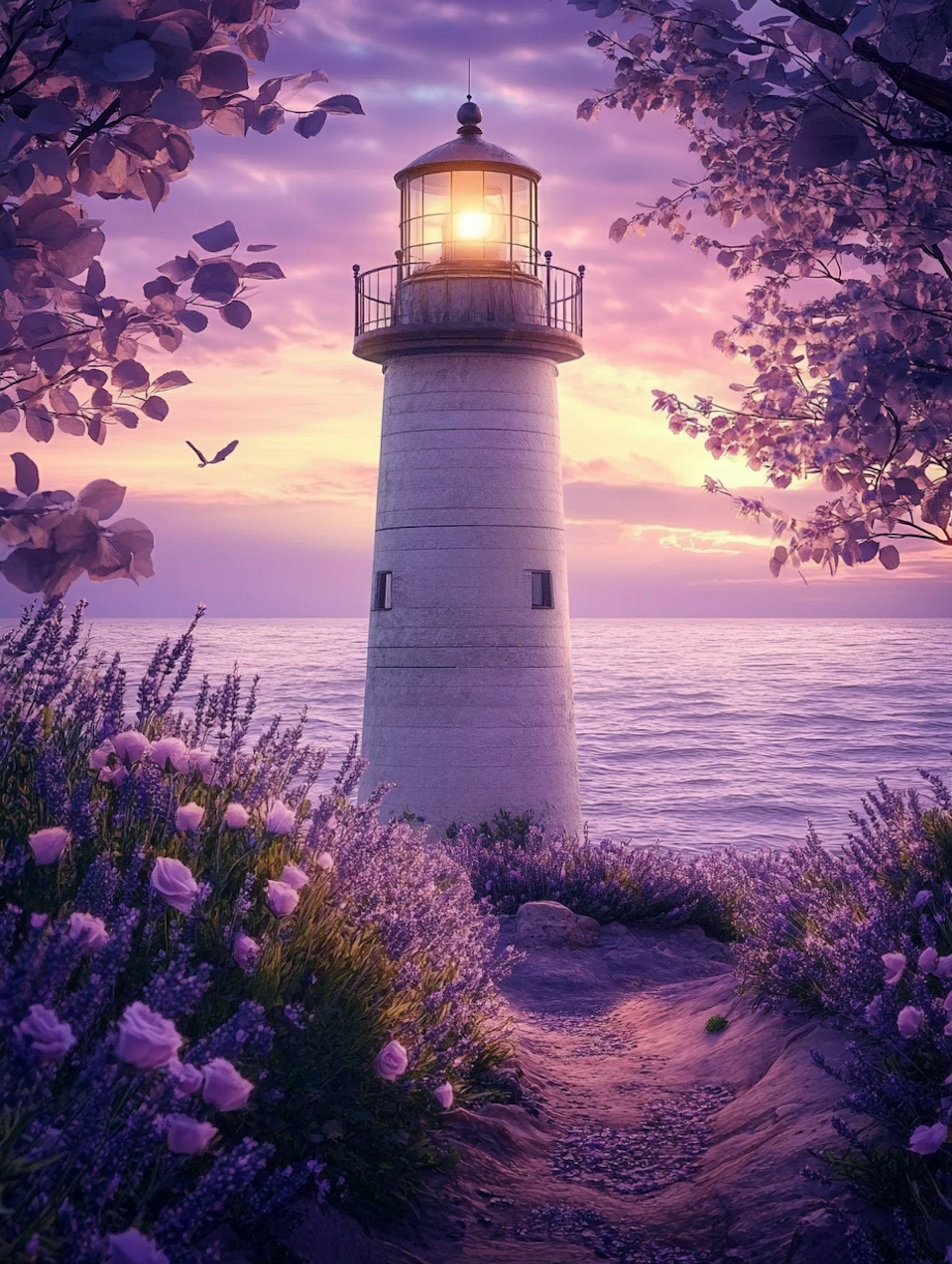 diamond painting resin, fyr vid havet, lavendel och rosa blommor