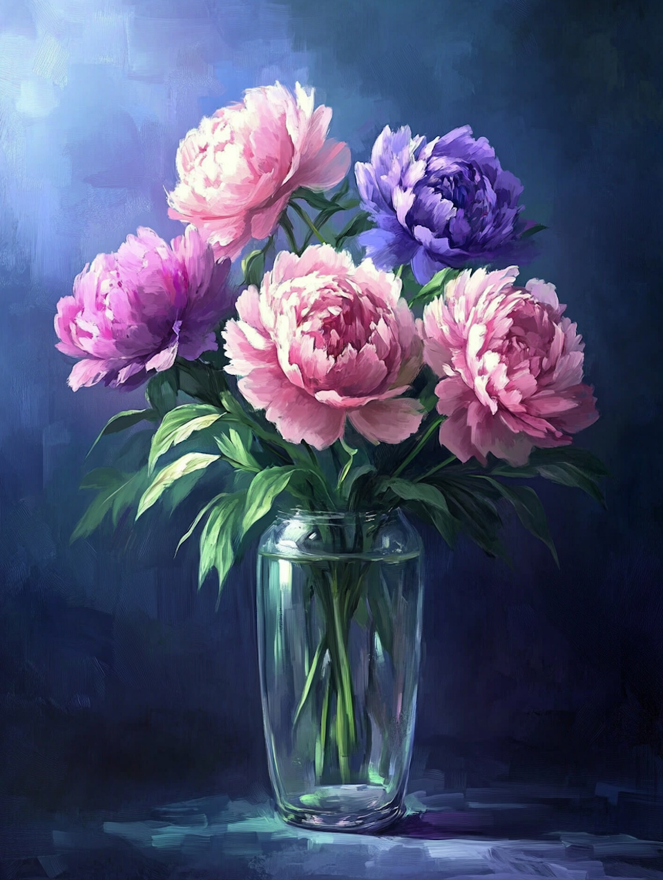 diamond painting resin, bukett pioner i rosa, lila och blått i en glasvas