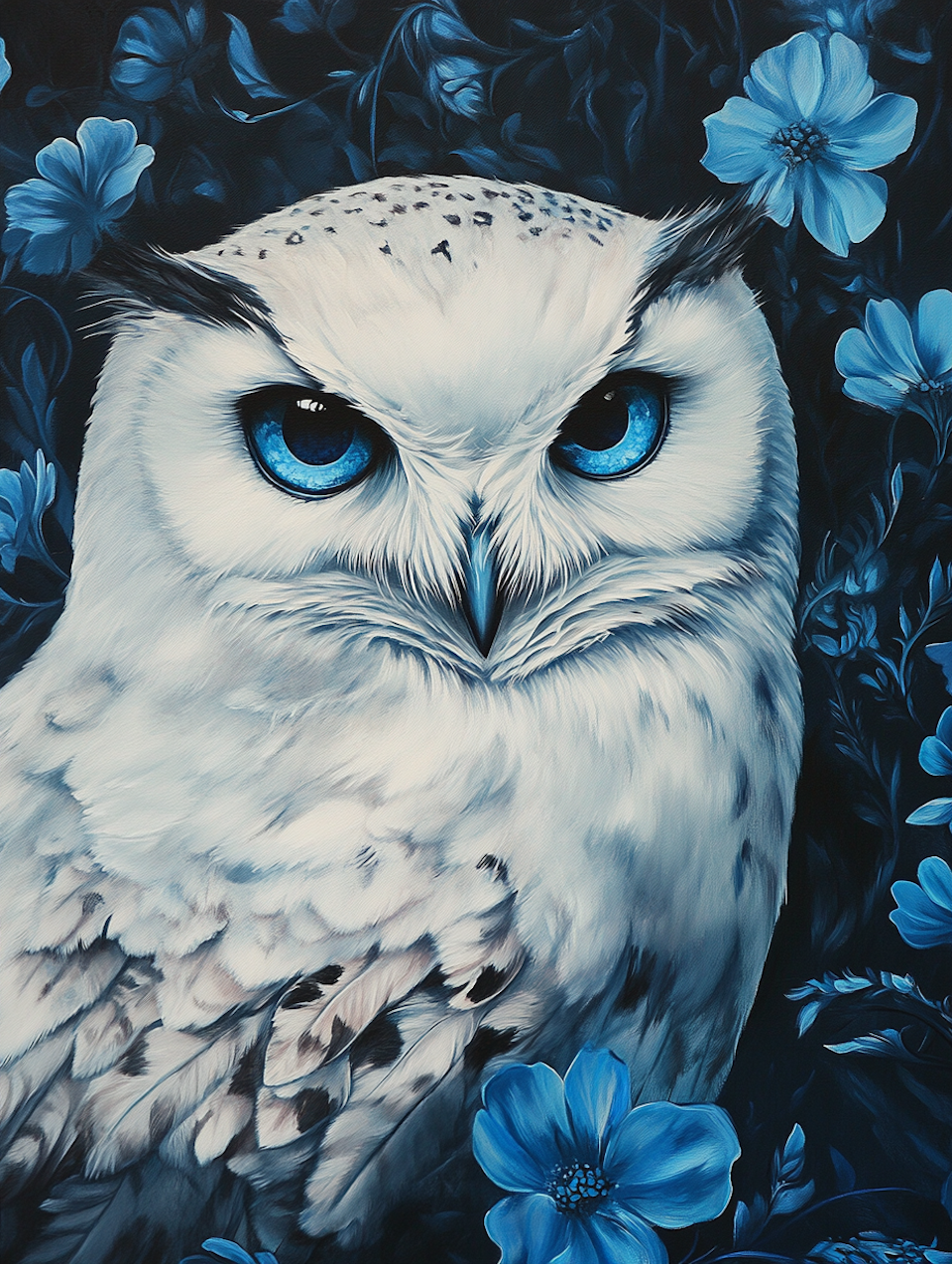 diamond painting resin, vit uggla med intensivt blå ögon, omgiven av blå blommor
