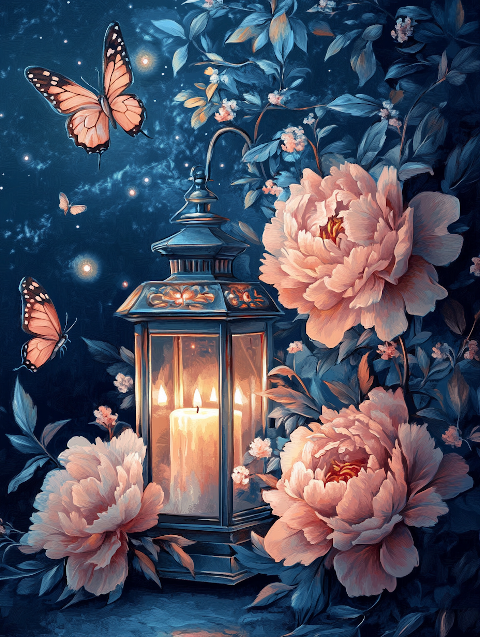 diamond painting resin, lykta och fjärilar bland blommor