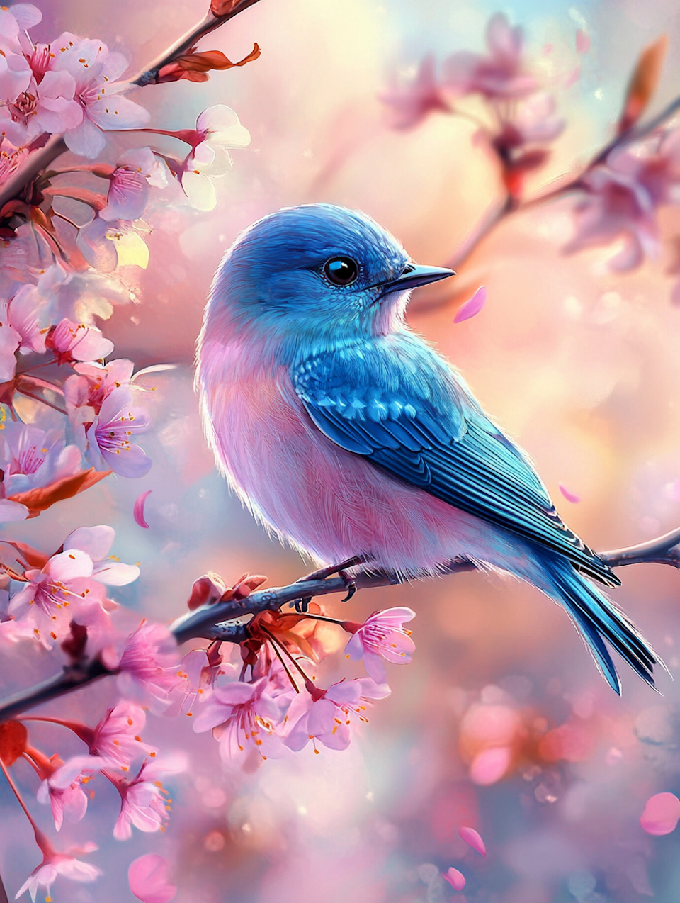 diamond painting resin, blå och rosa fågel bland blommande grenar i pastellfärger
