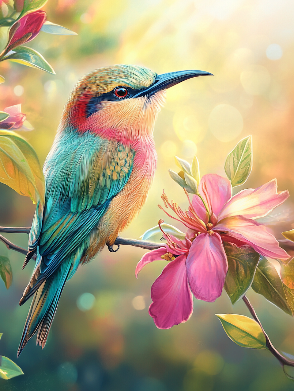 diamond painting resin, tropisk fågel bland blommor och soldränkt bakgrundsljus