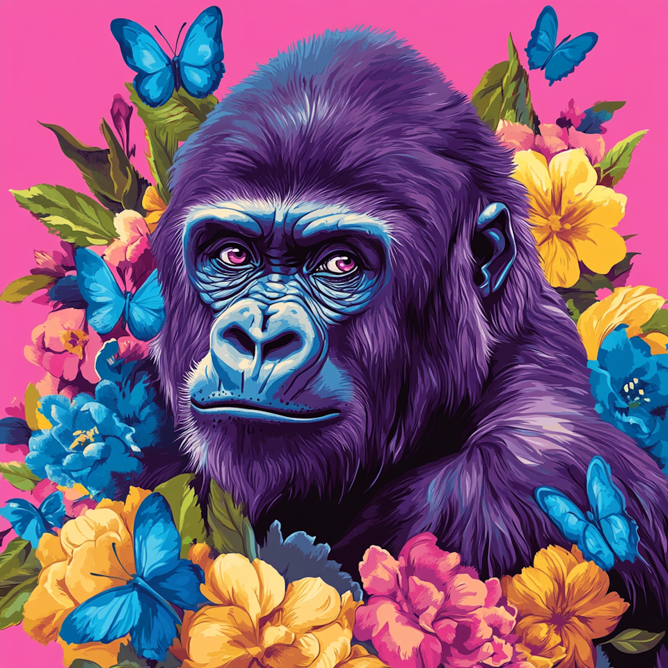 diamanttavla, gorilla omgiven av fjärilar och blommor