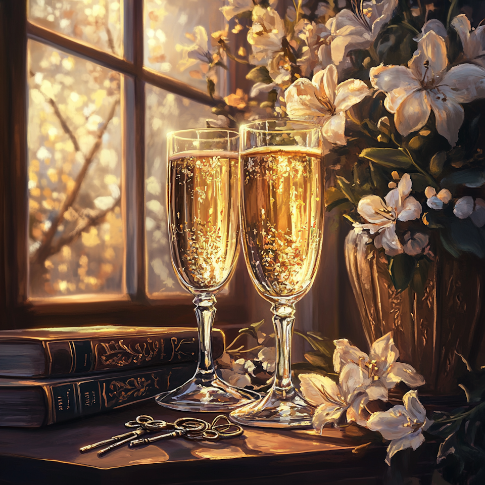 diamanttavla, champagneglas med dryck, kvällssol, blommor och böcker