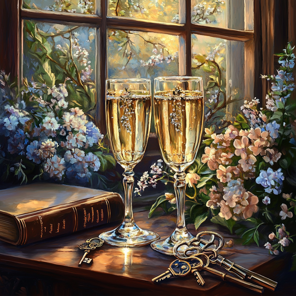 diamond painting, champagneglas bland vårblommor och nycklar