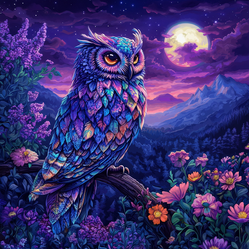 diamond painting, uggla med skimrande fjädrar, blommigt landskap, månsken