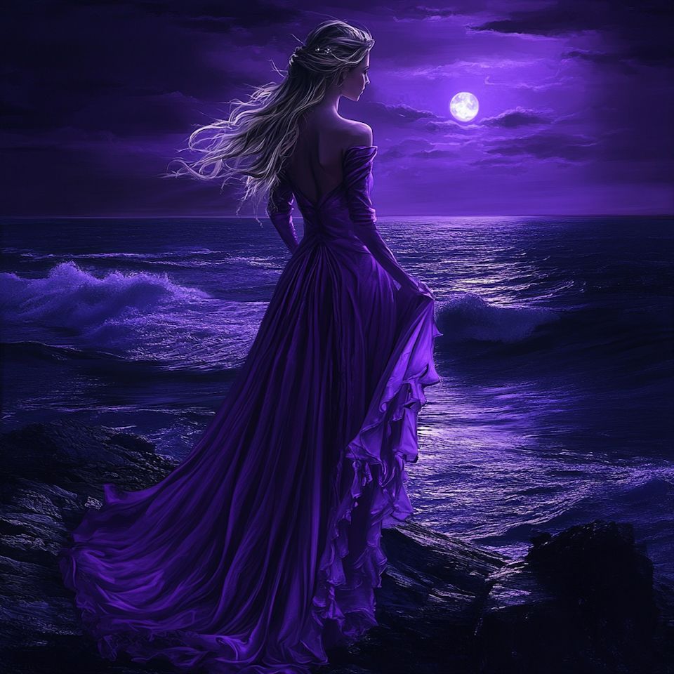 diamond painting, kvinna vid havet i månens sken, lila nyanser