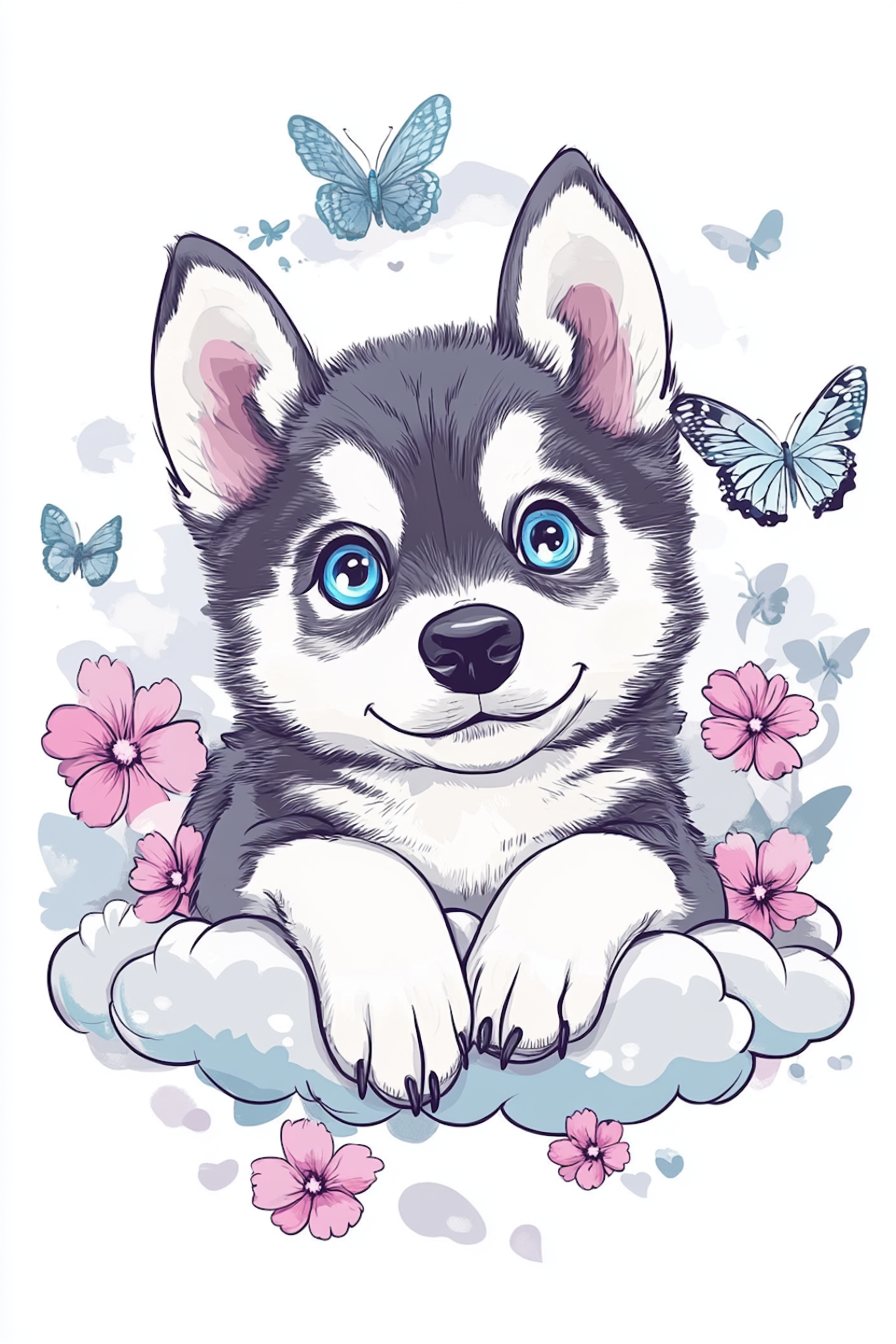 diamanttavla, huskyvalp bland moln, blommor och blå fjärilar