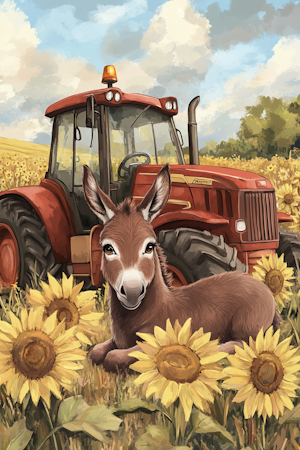 Diamond Painting Akryl - Traktor och åsna bland solrosor