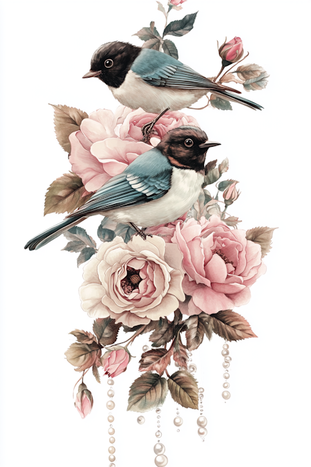 Diamond Painting Akryl - Fåglar och rosor med pärlglans 20x30cm