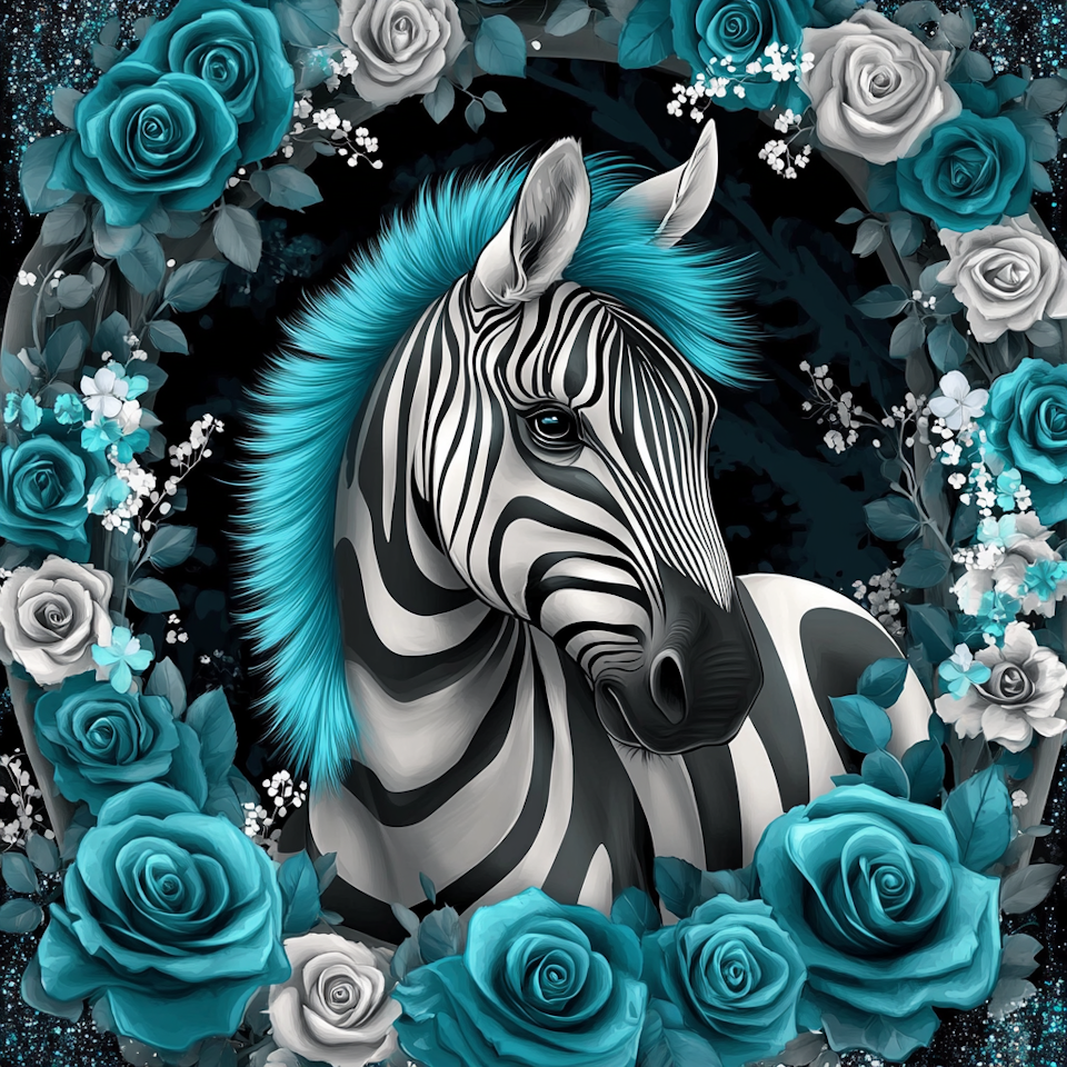 diamond painting, zebra med turkos man, blå och grå rosor
