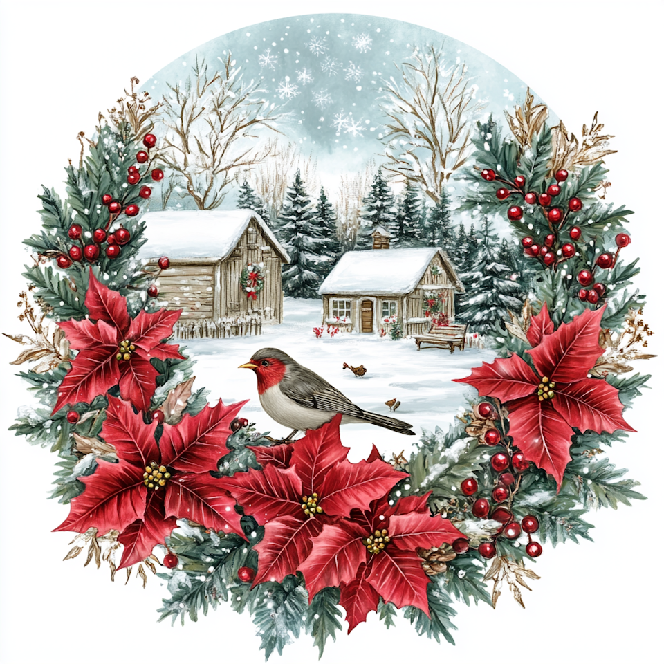 diamond painting, stugor, snö och fågel omgivet av julstjärnor och granris