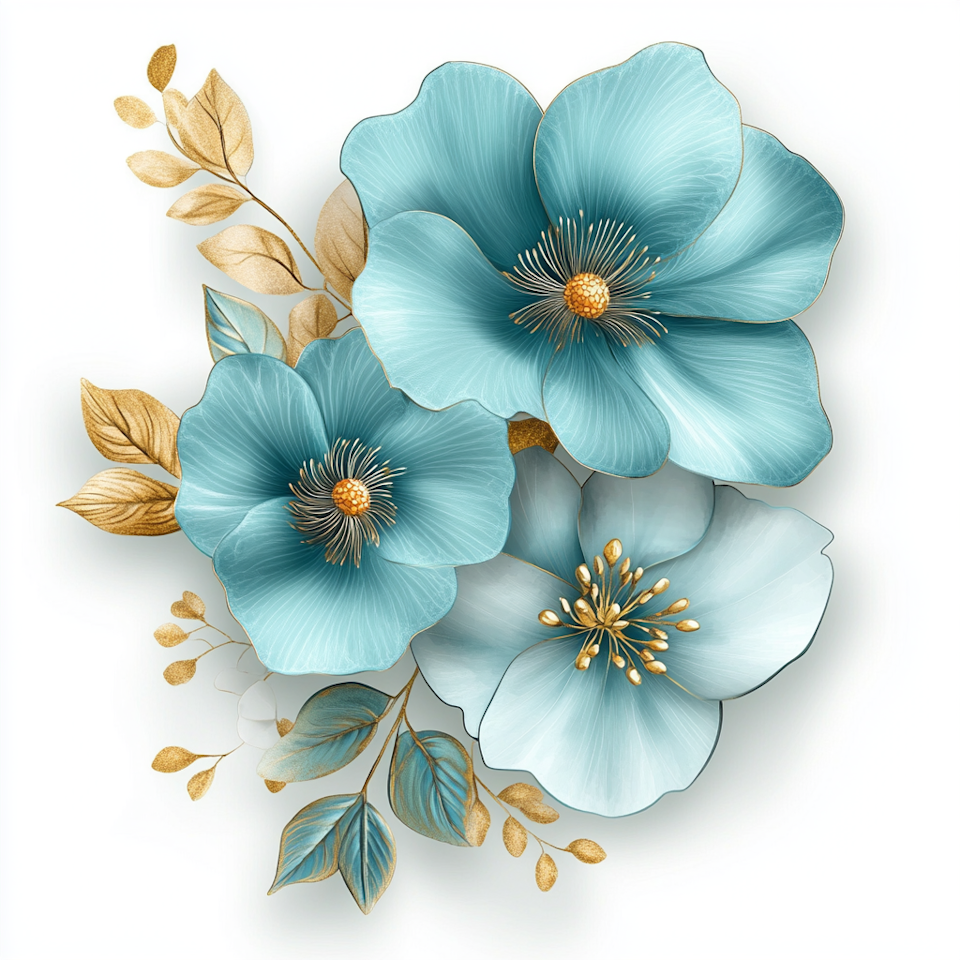 diamond painting, lyxiga blommor i blått och med guldtoner