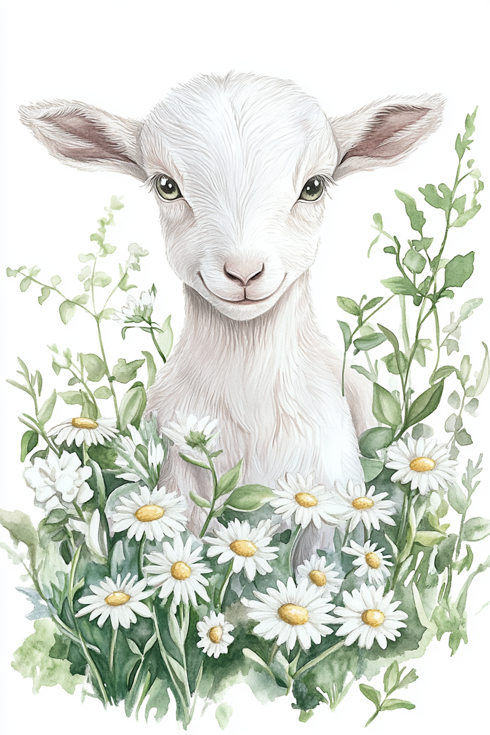 diamond painting, lamm bland prästkragar och gröna blad