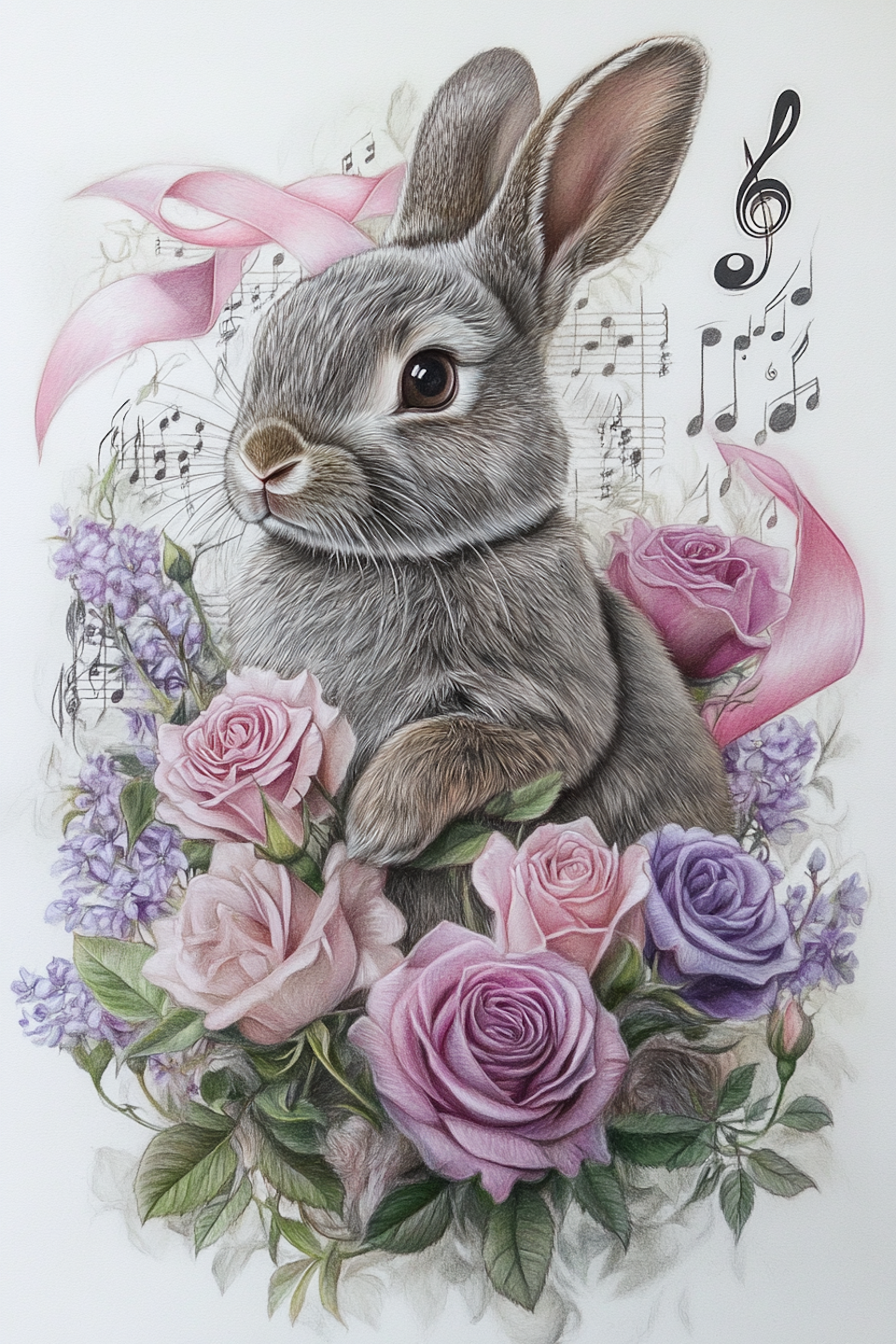 diamond painting, kanin omgiven av noter, rosetter och rosor