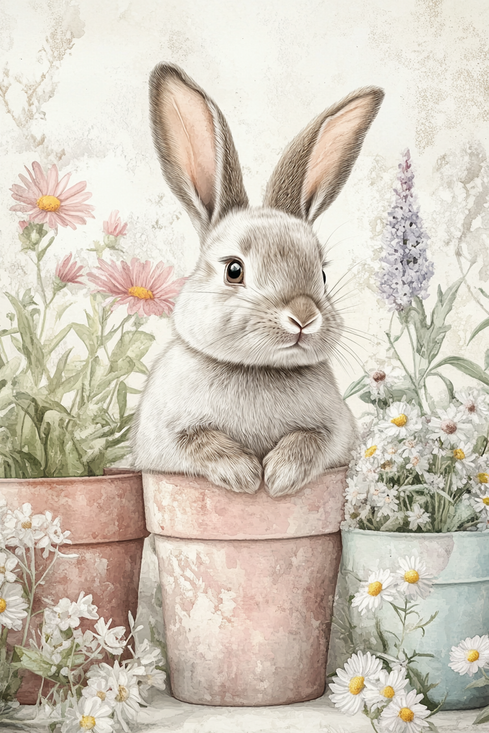 diamond painting, kanin bland somriga blommor och prästkragar