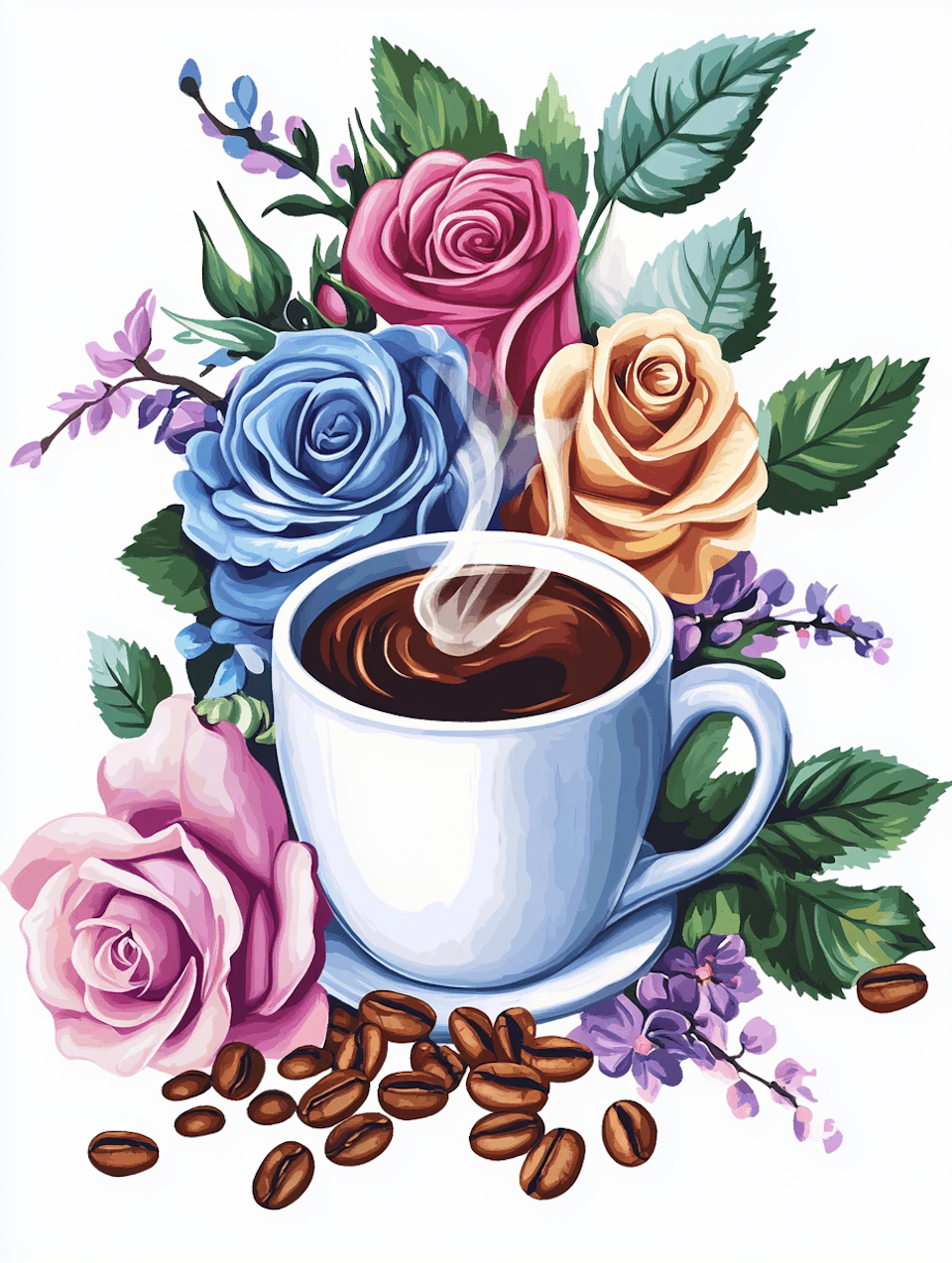 diamond painting resin, kaffekopp bland rosor i olika färger