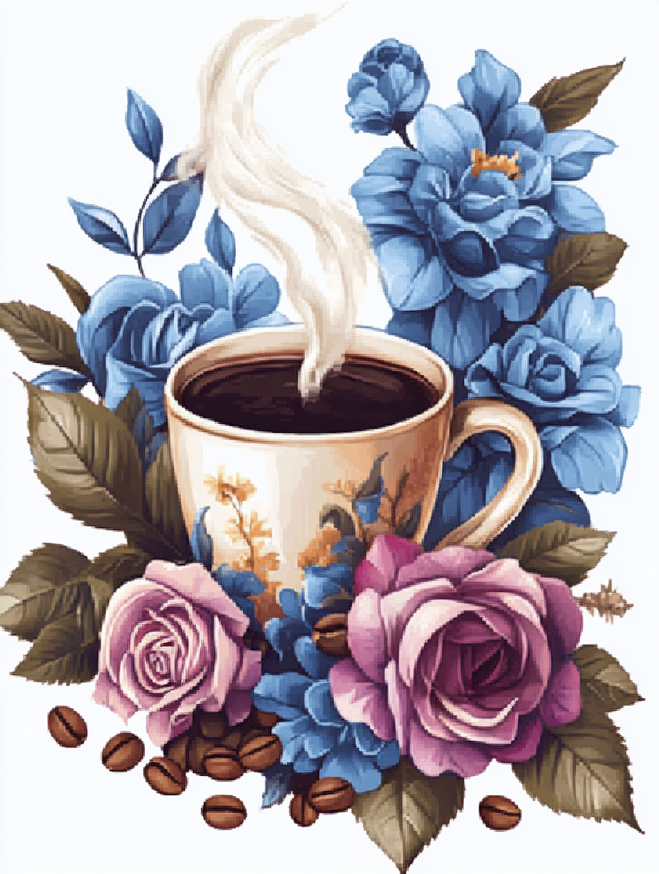 diamond painting resin, tekopp med kaffe samt blommor