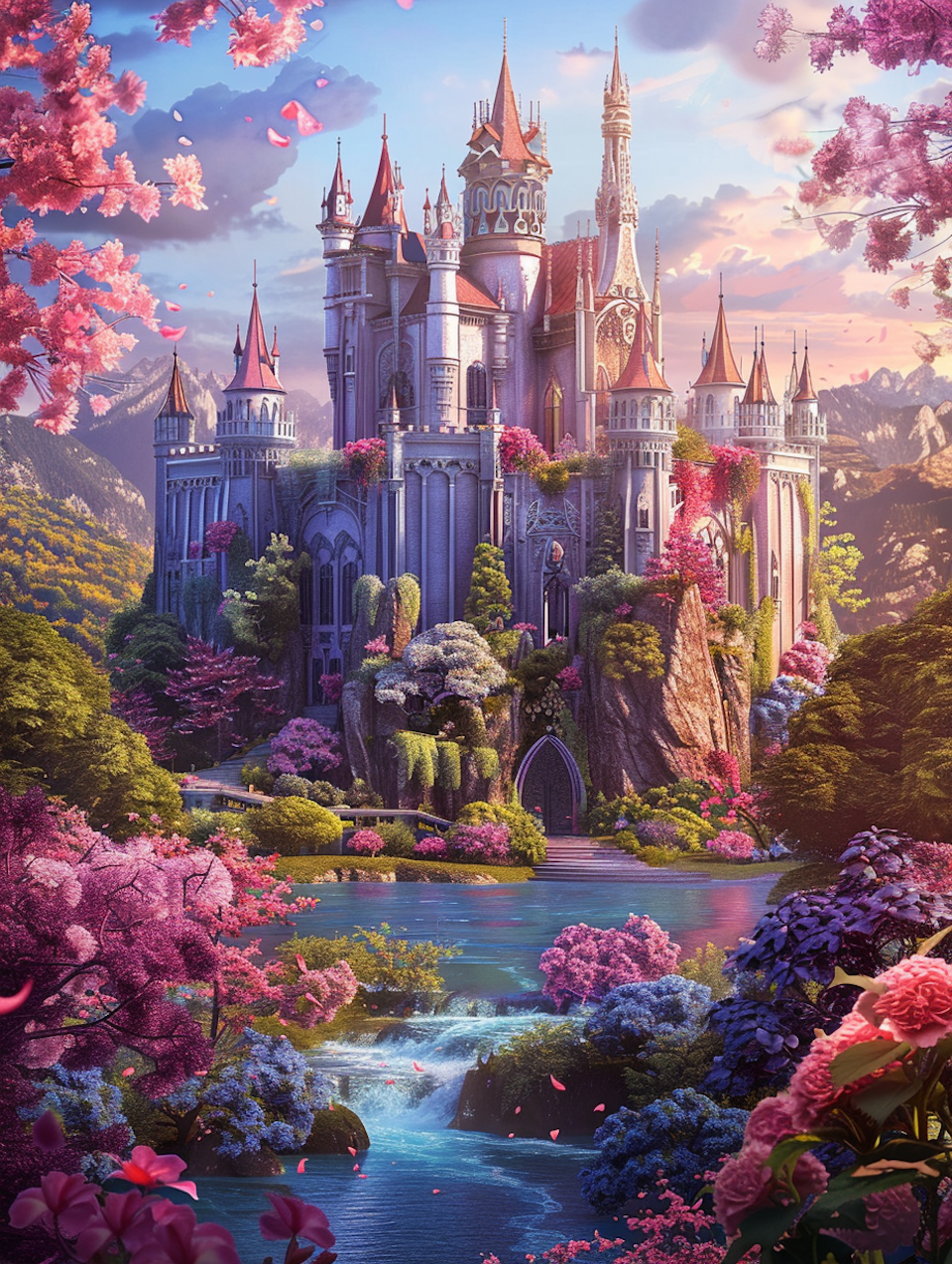 diamond painting resin, majestätiskt slott omgärdat av blomstrande träd