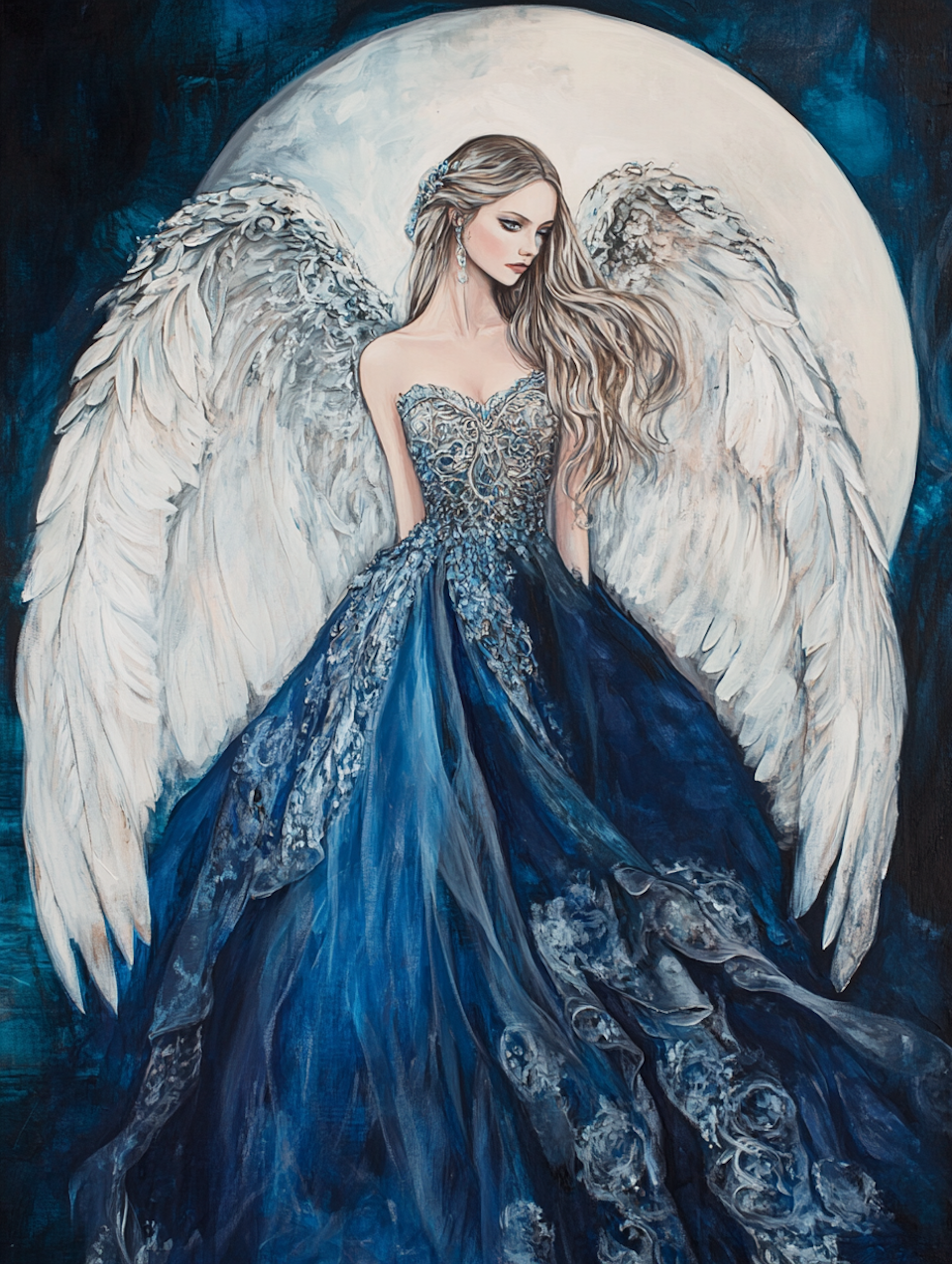 diamond painting resin, ängel med vita vingar och blå klänning