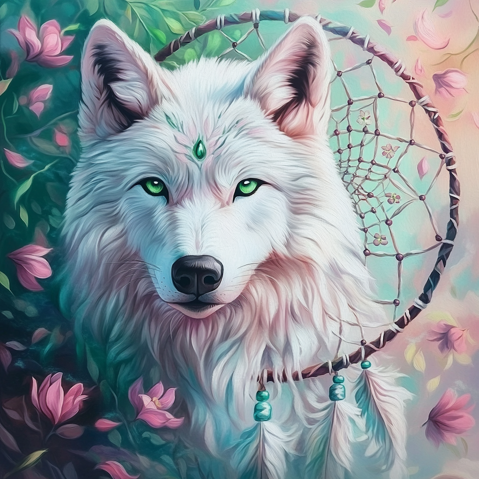diamond painting resin, vit varg med smaragdgröna ögon och ädelsten i pannan i en drömfångare