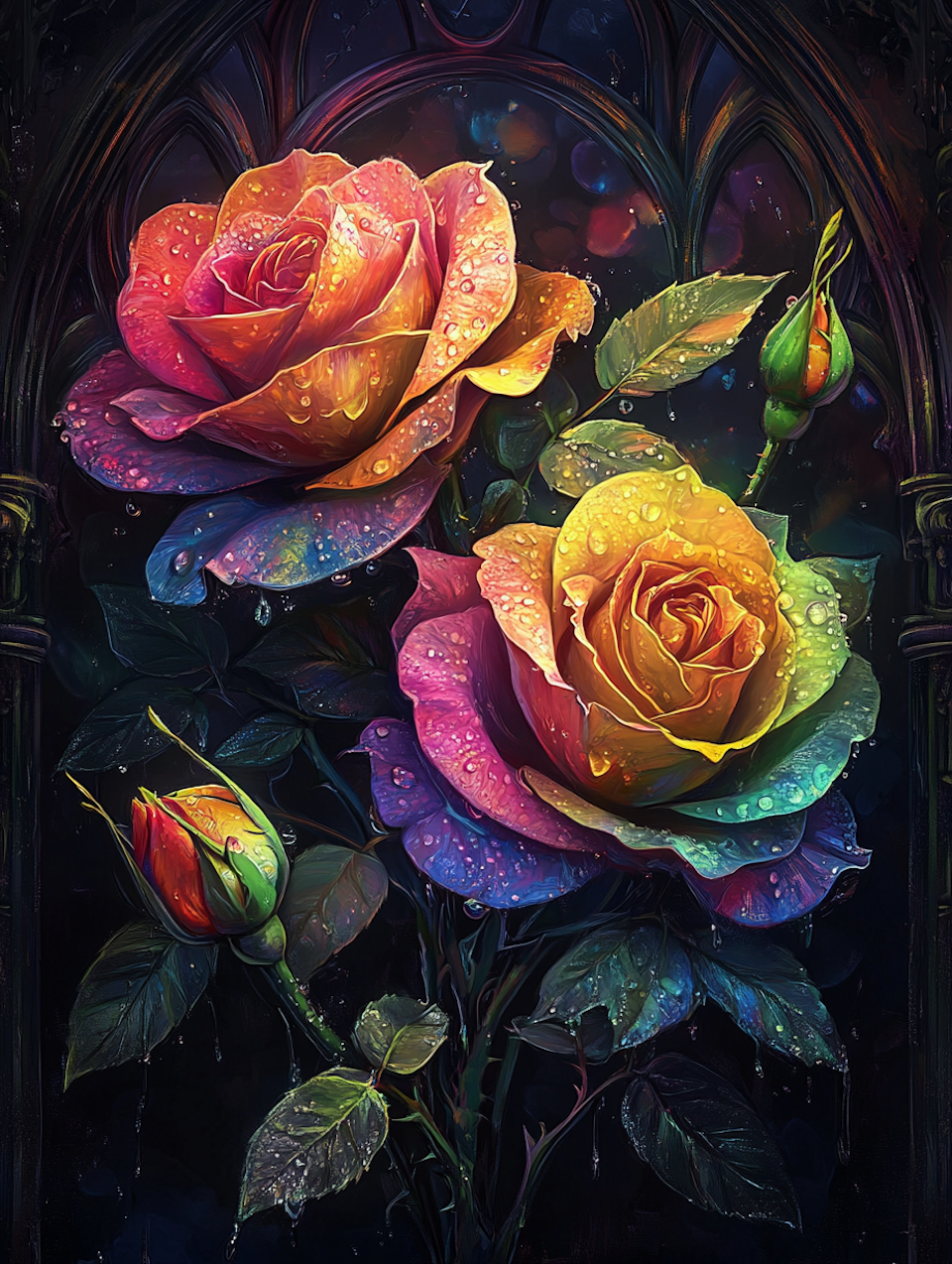 Diamond painting Resin - Regnbågsrosor med daggdroppar 30x40cm