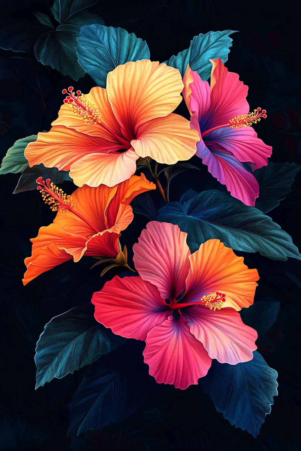 Diamond painting Resin - Färgstarka hibiskusblommor mot mörk bakgrund 40x60cm