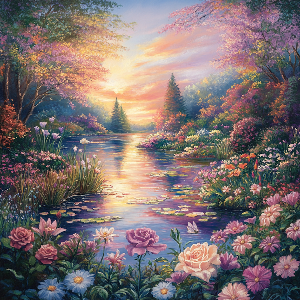 Diamond painting Resin - Blommande trädgård vid solnedgång 30x30cm