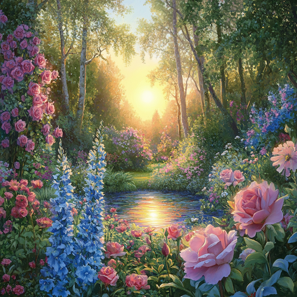 Diamond painting Resin - Morgonljus i sommarens trädgård 40x40cm